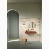 Gresie Decor Manufatti Sagome 20x20 cm – ambient baie, baie cu arcada, gresie decorativa crem si albastru, pe perete