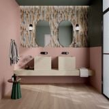 Faianta Decor ABK Palette 60x120 cm – ambient baie, baie roz cu decor perete si dublu lavoar suspendat