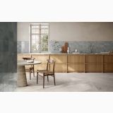 Gresie Bergstone Pearl 30x60 cm – ambient bucatarie, bucatarie moderna cu mobilier lemn si masa rotunda, pe pardoseala