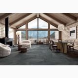 Gresie Poetry Stone Piase Smoke 60x120 cm – ambient living, living rustic cu tavan lemn si pardoseala gresie gri