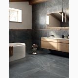 Gresie Poetry Stone Piase Smoke 60x60 cm – ambient baie, baie moderna cu cada freestanding si mobilier lemn, pe pardoseala