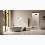 Gresie Cement Vibes Calce Solid Mat 60x120 cm – ambient baie, baie moderna cu cada freestanding si dus deschis, pe pardoseala