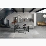 Gresie Poetry Stone Pirenei Grey Antislip 60x120 cm – ambient living, living industrial cu masa neagra si pardoseala gri