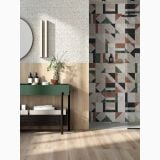 Gresie Decorata Play Marble White 20x20 cm – ambient baie, baie moderna cu perete faianta geometrica multicolora