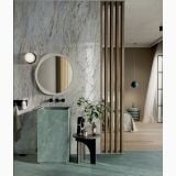 Gresie ABK Nuance Sea Green mat 60x120 cm – ambient baie, baie verde cu lavoar suspendat si oglinda rotunda, pe pardoseala