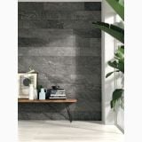 Gresie de exterior Stone Mix Quarzite Grey Antislip 60x120x2 cm – ambient hol, hol modern cu perete gri antracit si banca lemn