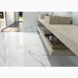 Gresie Portelanata Anima White Lucios 60X60 cm – ambient baie, baie moderna cu blat marmura si lavoare gemene, pe pardoseala