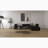 Gresie Portelanata iTiles Wood Line Nocciola 20x120 cm – ambient living, living modern cu canapea neagra si parchet deschis, pe pardoseala
