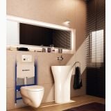 Pachet Duofix Sigma Geberit Ad 12cm Si H 120cm – ambient baie, baie moderna cu vas wc suspendat si lavoar alb, pe perete