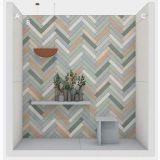 Gresie Manufatti MI 05 Cemento Brick Mat 7.5x40 cm – ambient living, perete cu placi tip herringbone in tonuri pastelate