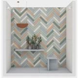 Gresie Manufatti MI 06 Terra Brick Mat 7.5x40 cm – ambient living, perete tip herringbone multicolor cu raft si veioza suspendata