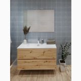 Set Mobilier Baie Suspendat Harmony Finisaj Rovere Nodato L100 cm – ambient baie, mobilier suspendat lemn cu oglinda si plante decorative