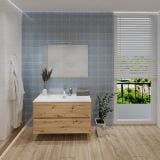 Set Mobilier Baie Suspendat Harmony Finisaj Rovere Nodato L100 cm – ambient baie, baie moderna cu mobilier lemn, oglinda si fereastra, pe pardoseala