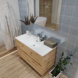 Set Mobilier Baie Suspendat Harmony Finisaj Rovere Nodato L100 cm – ambient baie, baie moderna cu mobilier suspendat lemn si oglinda mare