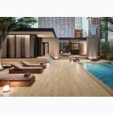 Gresie Imitatie Lemn Allure Rovere Naturel Mat 20x120 cm – ambient piscina, terasa piscina moderna cu sezlonguri langa zgarie-nori, pe pardoseala