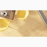 Gresie Portelanata iTiles Wood Line Naturale 30x120 cm – ambient living, vedere de sus cu scaune galbene si masa lemn, pe pardoseala