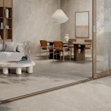 Gresie Abk Cliff Sand Mat 60x60 cm – ambient living, living si zona de masa cu gresie deschisa, pe pardoseala