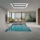 Gresie Cliff Ash Mat 120x120 cm – ambient piscina, piscina interioara cu pardoseala gri si plante