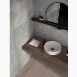 Gresie Ghost Sage Mat 60x120 cm – ambient baie, baie moderna cu lavoar rotund si oglinda circulara, pe perete