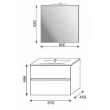 Set Mobilier Baie Suspendat Harmony Rovere Nodato L 80 cm – schita tehnica, desen tehnic cu dimensiuni oglinda si mobilier baie