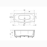 Cada Rectangulara Cassiopea 180x80x57 cm – schita tehnica, desen tehnic cu dimensiuni vedere de sus si profil