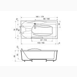 Cada Rectangulara Daniela 170x78x65 cm – schita tehnica, desen tehnic cu dimensiuni vedere de sus si profil