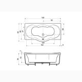 Cada Rectangulara Galatea 180x80x56 cm – schita tehnica, desen tehnic cu dimensiuni cada rectangulara, vedere de sus si laterala