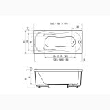 Cada Rectangulara Pacific 150x70x59 cm – schita tehnica, desen tehnic cu dimensiuni vedere de sus si profil