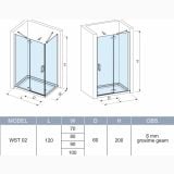 Cabina Dus Batanta Wst 02 Profil Crom Sticla Transparenta 120x80x200 cm – schita tehnica, desen tehnic cabina dus cu dimensiuni si tabel