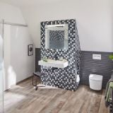 Panou autoportant Schluter Kerdi Board 12.5x625x1250 mm – ambient baie, baie moderna cu mozaic pe perete si pardoseala lemn