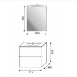 Set Mobilier Suspendat Baie Harmony 61 cm Alb Lucios – schita tehnica, desen tehnic cu dimensiuni oglinda si mobilier baie