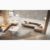 Gresie Nordic Stone Norvegia 45x90 – ambient living, living spatios cu canapele bej si pardoseala gresie gri, pe pardoseala si perete