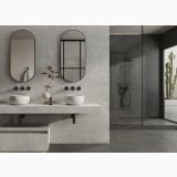 Gresie Limestone Dark Mat 60x120 cm – ambient baie, baie moderna cu dus, doua lavoare si oglinzi ovale, pe pardoseala si perete