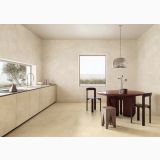 Gresie Portelanata Calcis Crema Mat 60x60 cm – ambient bucatarie, bucatarie minimalista cu pardoseala crema si masa rotunie