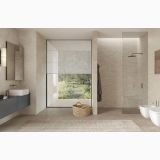 Gresie Portelanata Calcis Visone Mat 80x80 cm – ambient baie, baie moderna cu dus, cada si fereastra spre gradina, pe pardoseala