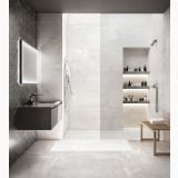 Gresie Portelanata Dripart Titanium Mat 60x120 cm – ambient baie, baie moderna cu dus, nisa cu rafturi si perete gri, pe pardoseala
