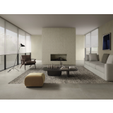 Gresie Portelanata I Cementi Beige 60x60 cm – ambient living, living modern cu semineu, canapea gri si covor, pe pardoseala