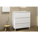 Mobilier Baie Pe Prdoseala Shona Cu 3 Sertare Alb Mat 80x46x85 cm – ambient baie, mobilier alb cu trei sertare, oglinda si vas ceramic, pe pardoseala