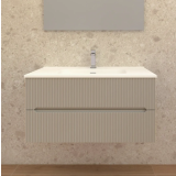 Mobilier Baie Riflat Easy Finisaj Tortora Cu Doua Sertare L.70 cm – ambient baie, mobilier suspendat riflat tortora cu blat alb si oglinda, pe perete