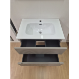 Mobilier Baie Riflat Easy Finisaj Tortora Cu Doua Sertare L.70 cm – mobilier cu doua sertare deschise, lavoar alb, riflaj tortora