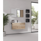 Mobilier Baie Easy Afrodite Finisaj Rovere Nodi L.90 cm – ambient baie, mobilier suspendat lemn cu oglinda si cutii negre laterale, pe perete