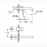 Baterie Lavoar Perete Grohe Essence Finisaj Crom Pipa 185mm – schita tehnica, desen tehnic cu cote de montaj pentru baterie