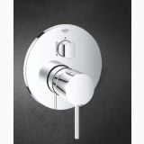 Baterie Incastrata Cada Dus Grohe Essence 3 iesiri Finisaj Crom – baterie incastrata crom cu maner rotund pe fundal negru