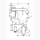 Baterie Lavoar Perete Hansgrohe Vernis Shape Finisaj Crom Pipa 205mm – schita tehnica, desen tehnic cu cote pentru baterie perete