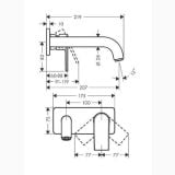 Baterie Lavoar Perete Hansgrohe Vernis Shape Finisaj Negru Mat Pipa 205mm – schita tehnica, desen tehnic cu dimensiuni baterie lavoar perete