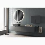 Set Mobilier Baie Belbagno Era 01 Gri Mat 180 cm – ambient baie, mobilier suspendat gri mat cu oglinda rotunda iluminata, pe perete