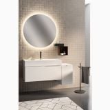 Set Mobilier Baie Belbagno Era 02 Alb Mat 120 cm – ambient baie, mobilier baie alb suspendat cu oglinda rotunda iluminata, pe perete