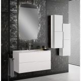 Set Mobilier Baie Belbagno Era 05 Alb Mat 90 cm – ambient baie, mobilier baie alb suspendat, oglinda, dulap depozitare zid negru, pe perete