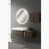 Set Mobilier Baie Belbagno Era 04 Noce Gold Mat 150 cm – ambient baie, mobilier suspendat maro cu oglinda rotunda iluminata, pe perete