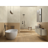Gresie Imitatie Lemn Essence Select Miele Mat 20x120 cm – ambient baie, baie moderna cu cada freestanding si pardoseala lemn